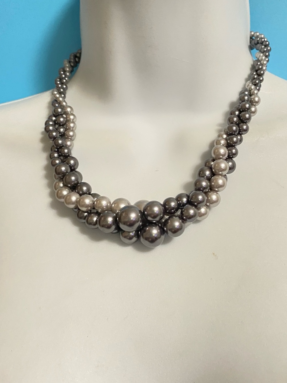 RMN Triple Strand Graduated Twist Faux Pearls Necklace 18"